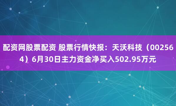 配资网股票配资 股票行情快报：天沃科技（002564）6月30日主力资金净买入502.95万元